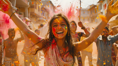 a vibrant and lively image capturing the essence of the Holi festival in India © Sunsanee
