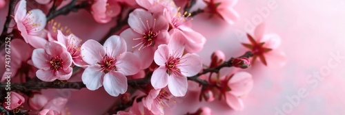 Sakura pink flowers blooming on a branch, showcasing their beauty and intricate details in full bloom