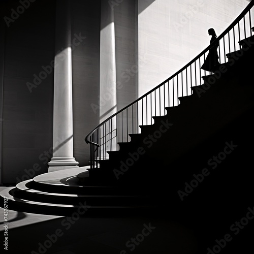 Silhouette of Woman from Walking up the Grand Staircase  black and white illustration.