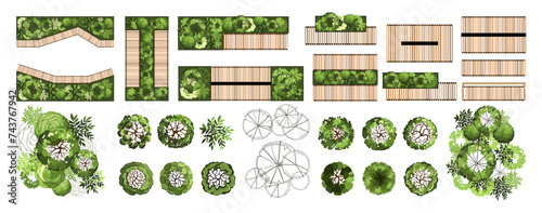 Top view elements for the landscape design plan. Trees and benches for architectural floor plans. Entourage design. Various trees, bushes, and shrubs. Vector illustration. © Аня Марюхно