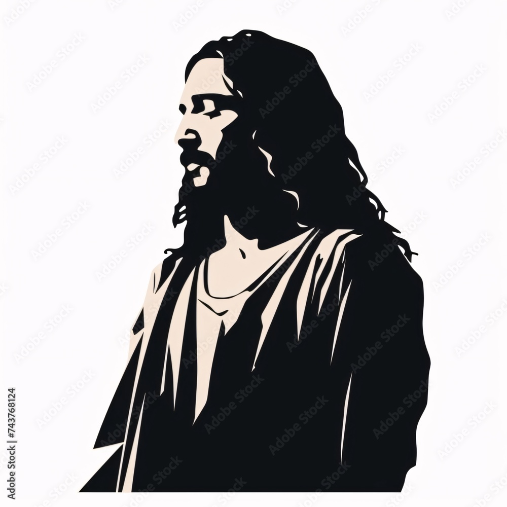 Black silhouette, tattoo of a man with long hair on white background. Vector.