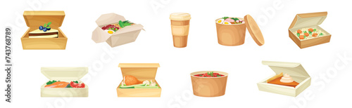 Kraft Paper or Cardboard Eco Package with Food Inside Vector Set
