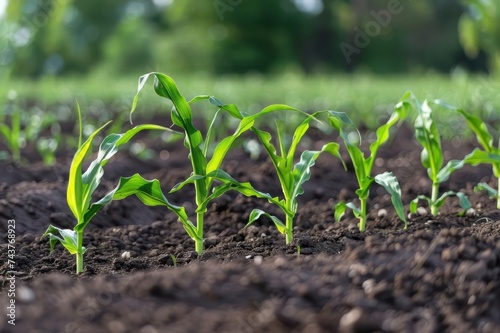 Young corn plants growing on the field on a sunny day