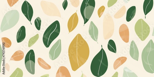Stylized leaf pattern with a playful arrangement of green and beige shapes on a clean background, evoking a minimalist natural aesthetic.