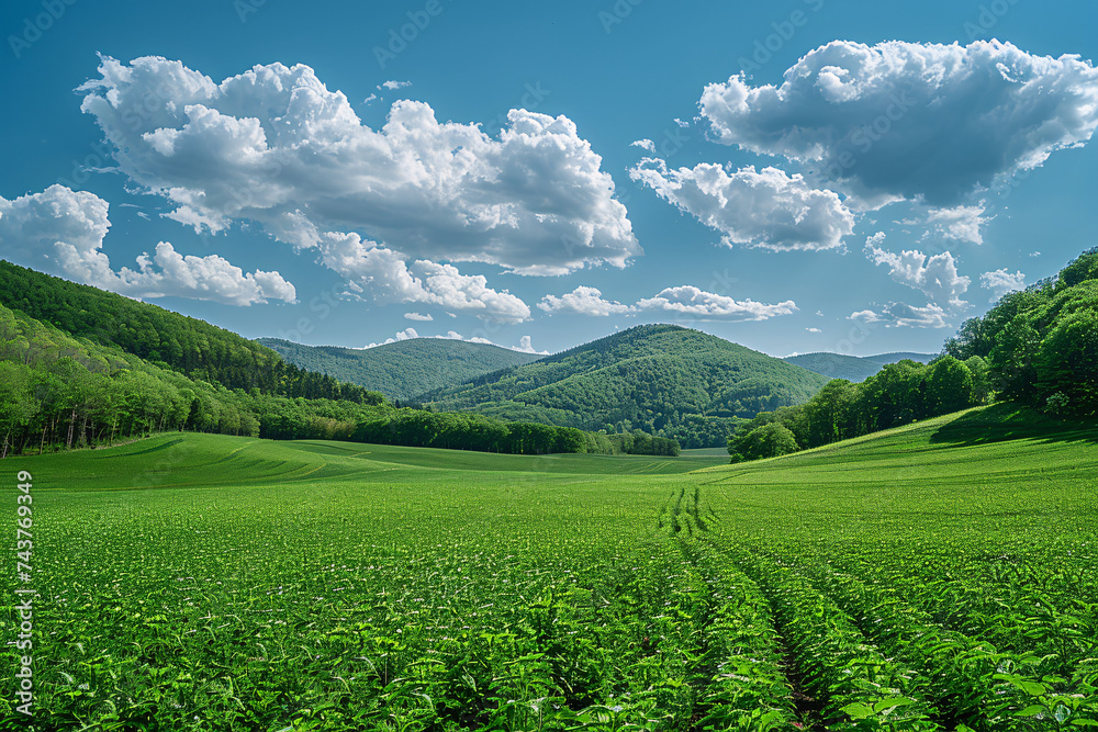 Green field under blue sky with fluffy clouds and distant hills