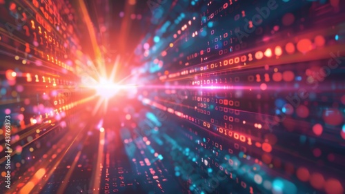 Digital Data Stream - Streams of binary code and light convey the rapid transfer of information in the digital age, highlighting connectivity and the digital landscape