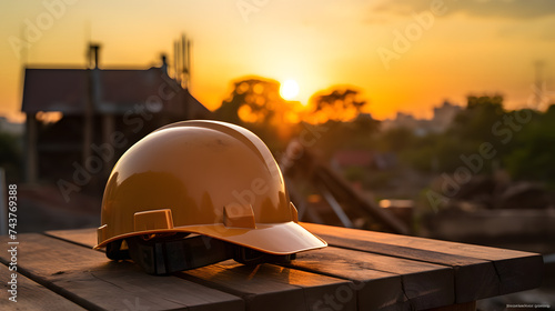 building material safety hard hat on wooden plank at sunset