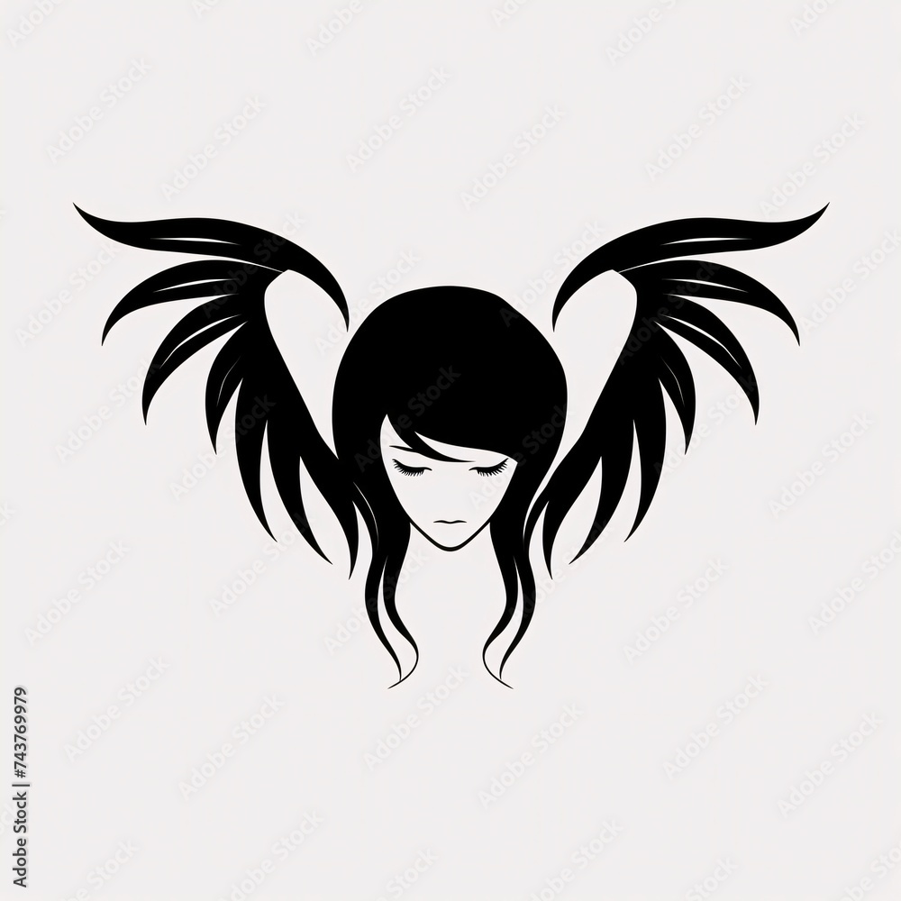 Black silhouette, tattoo of a woman's head with wings on white isolated background. Vector. Black silhouette, tattoo of a woman's head with wings on white isolated background. Vector.