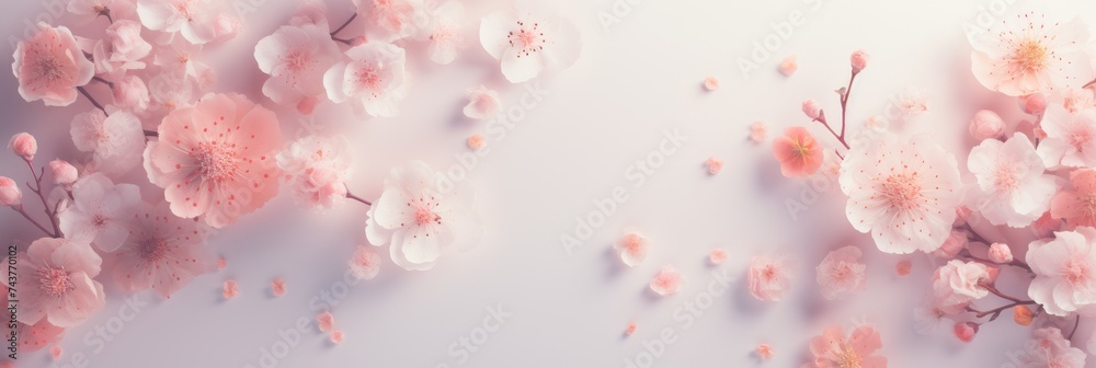 A serene white wall adorned with delicate pink flowers, creating a peaceful and elegant atmosphere in the space. The soft petals contrast beautifully against the clean backdrop A serene white wall adorned with delicate pink flowers, creating a peaceful and elegant atmosphere in the space. The soft petals contrast beautifully against the clean backdrop