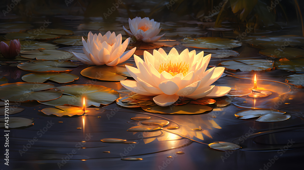 lotus flower with candlelit is on water in the evening pond