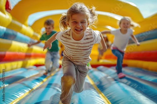Joyful kids playing in a bounce house castle, filled with laughter and fun. \'generative AI\'