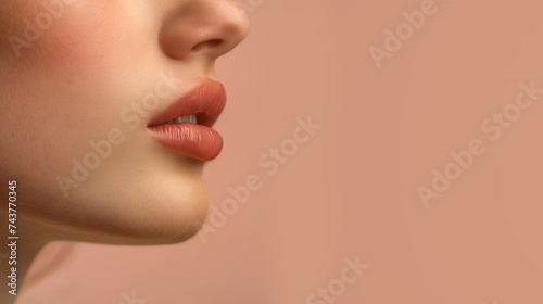 Woman's alluring close-up showcases beautiful lips adorned with lipstick, highlighting features, nose in a glamorous and stylish profile image Generative ai
