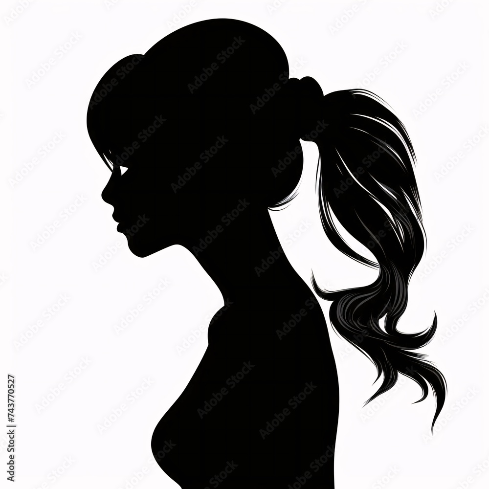 Black silhouette, tattoo of a girl with a ponytail on white background. Vector.