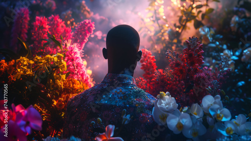 AI Generated Image. Trendy African American man in colorful jacket surrounded by the blooming flowers photo