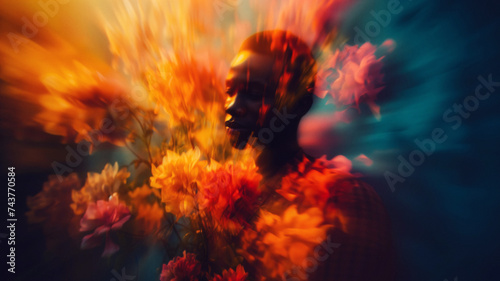 AI Generated Image. Trendy African American man surrounded by the blooming flowers photo