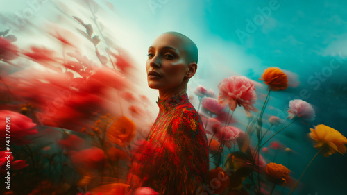 AI Generated Image. Trendy bald woman wearing colorful dress in the garden with colorful flowers photo