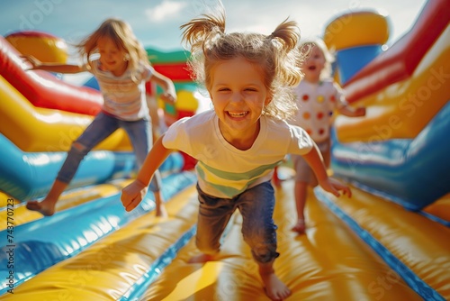 Joyful kids playing in a bounce house castle, filled with laughter and fun. 'generative AI' 