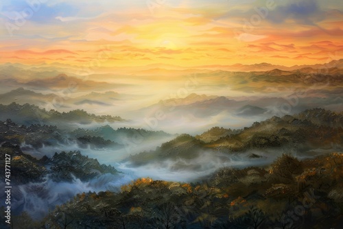 Sun Setting Over Foggy Valley. Generative AI