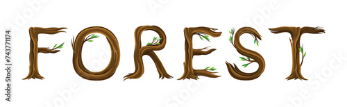Forest Woody Word and Inscription of Alphabet Uppercase Brown Letter with Branch Vector Set
