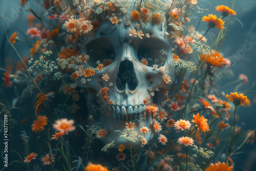 Generative AI image of skull surrounded by flowers photo
