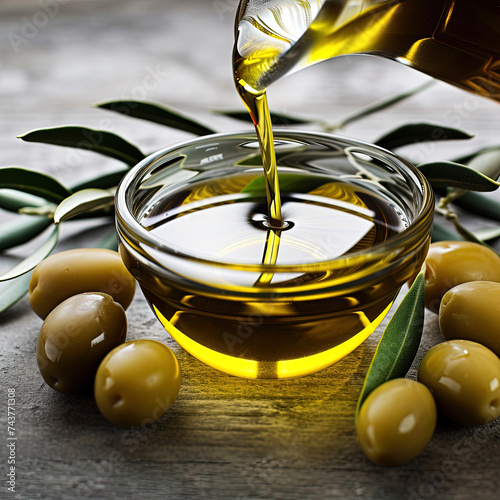 Exquisite olive oil pouring into a bowl, accompanied by olives and leaves, captured by generative AI photo