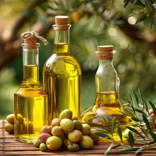 A high-quality generative AI illustration showing a stream of golden olive oil being poured into a glass bowl, surrounded by olives and leaves. Generative AI photo