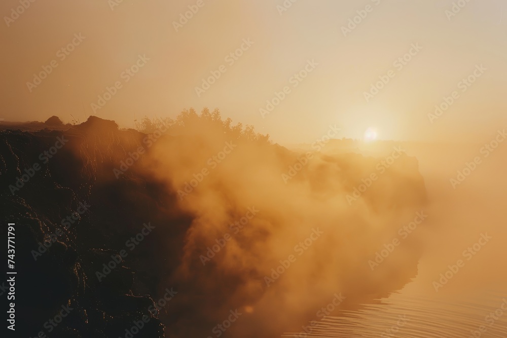 Foggy Body of Water at Sunrise. Generative AI