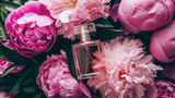 Perfume bottle with beautiful flowers. Beauty concept. Flat lay, top view