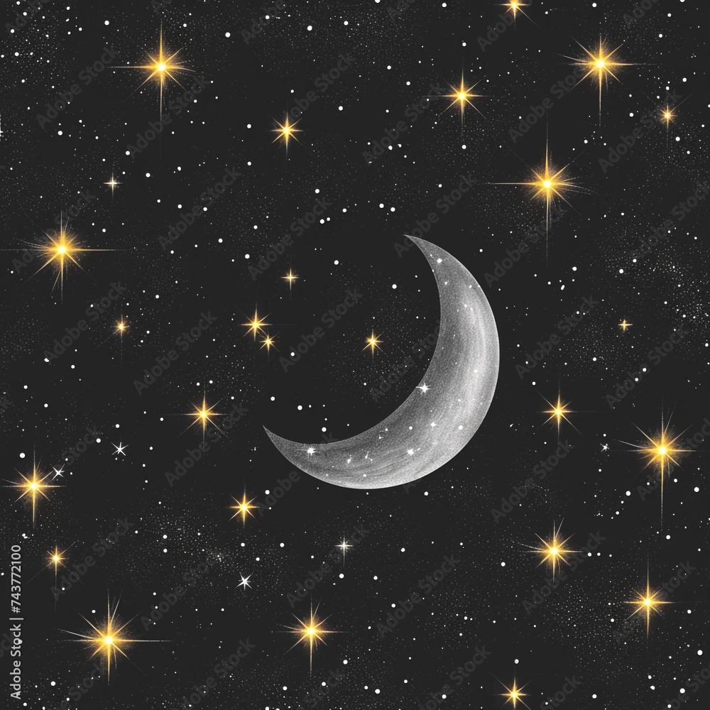 Naklejka premium Black background with continuous patterns of stars and moon 