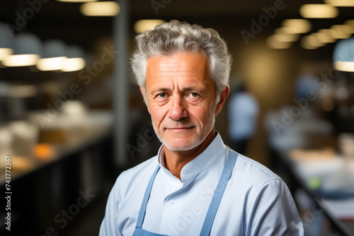 Man with grey hair and blue apron on.