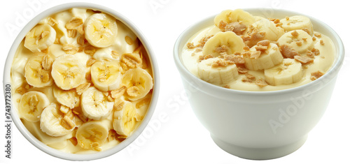 Vanilla pudding bowl with banana slices with crispy cereals, side and top view, isolated on a white background, food bundle
