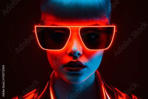 Woman wearing neon glasses and red light on her face.