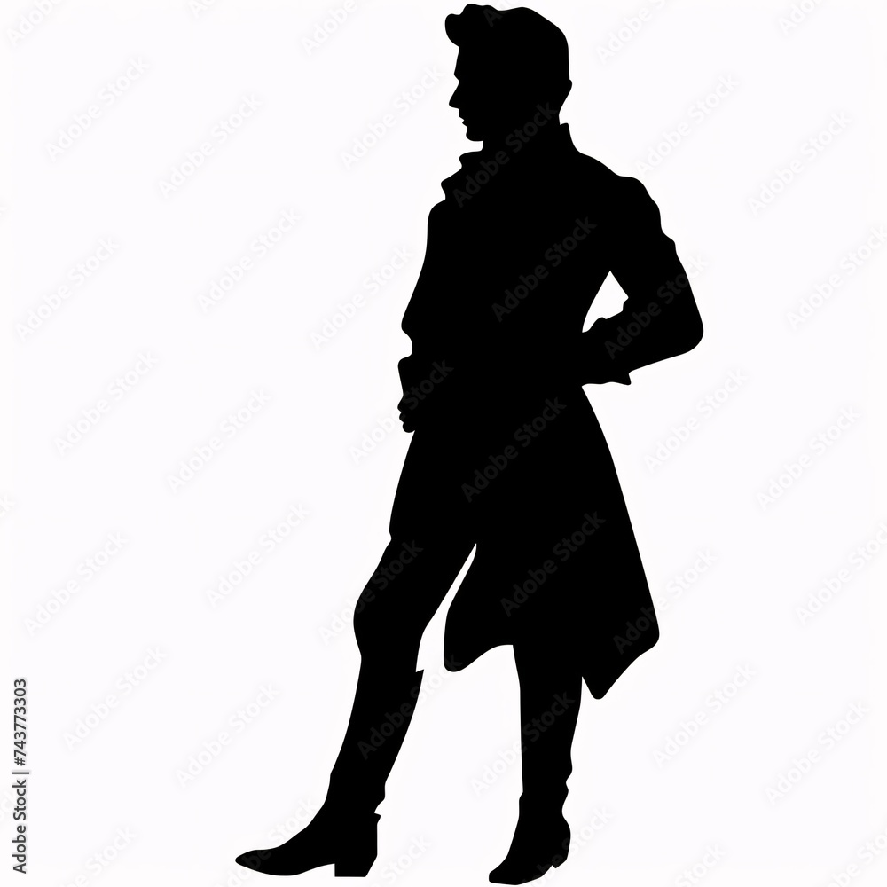 Black silhouette, tattoo of a man in a coat on white isolated background. Vector.