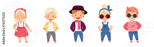 Little Kids in Fashion Clothes Fitting New Stylish Look Vector Set