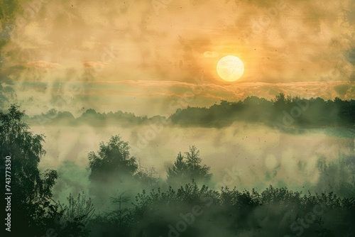 Sun Setting Over Foggy Forest. Generative AI