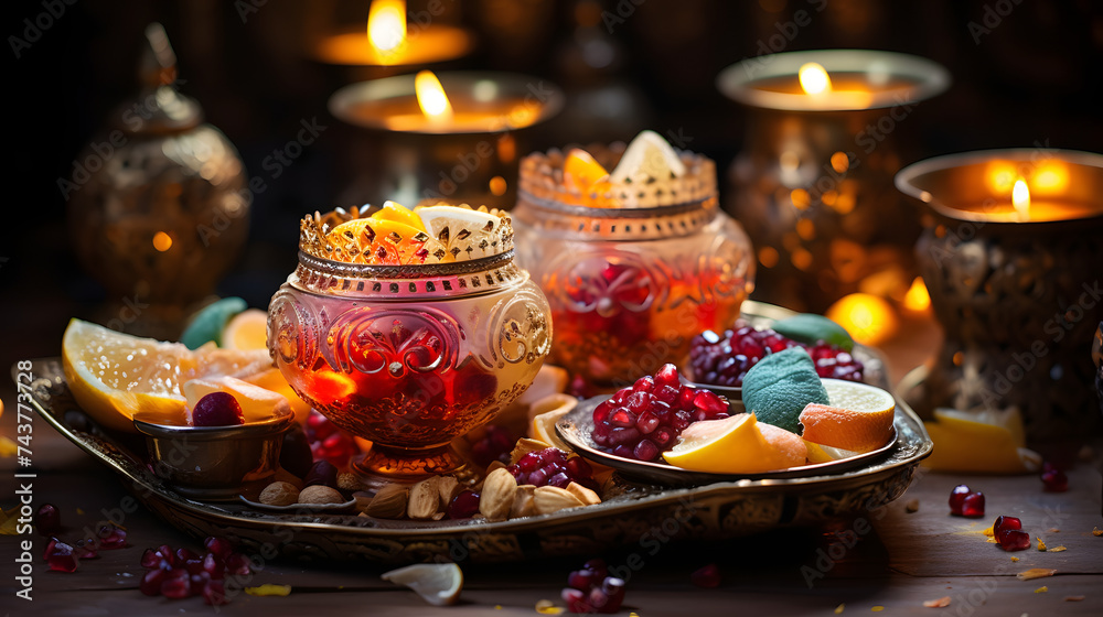 colorful sweets with glasses and candles at one table