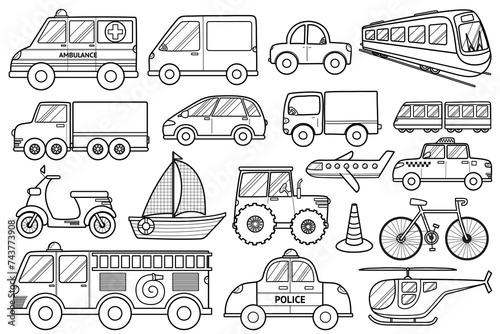 Transport black and white collection in cartoon style. Set with doodle cars for kids and baby design in outline. Vehicles clipart isolated. Vector illustration