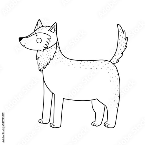 Cute black and white wolf in a standing position. Forest character in outline for kids design. Woodland animal isolated element. Vector illustration