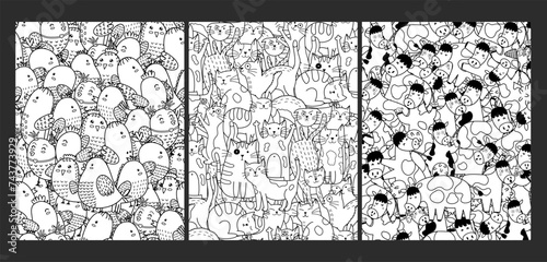 Doodle coloring pages set with cute animals. Adorable templates for coloring book in US Letter format. Cats, cows and birds patterns. Vector illustration