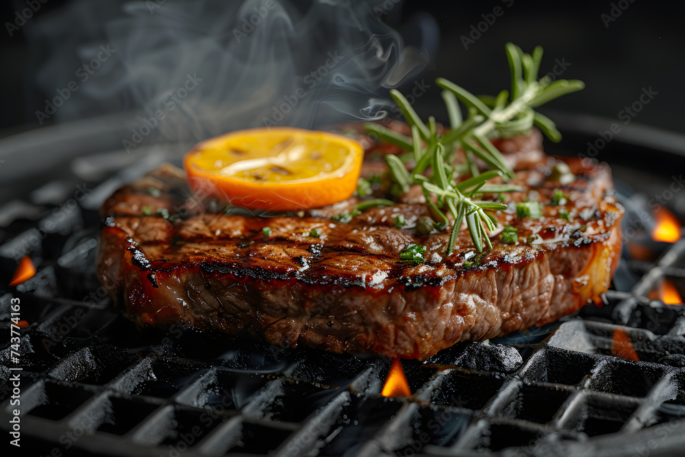 Grilled Steak With Rosemary Garnish