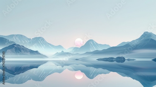 A peaceful sunrise scene where the soft pink hues of the sun reflect in the mirror-like surface of a mountain-enclosed lake.