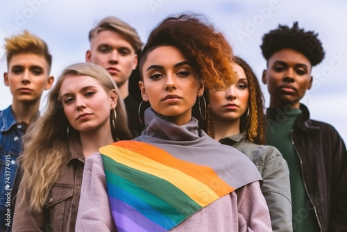 Diverse group of young activists advocating for LGBT rights proudly displaying a rainbow flag, representing the unity and strength of the gay and lesbian community.