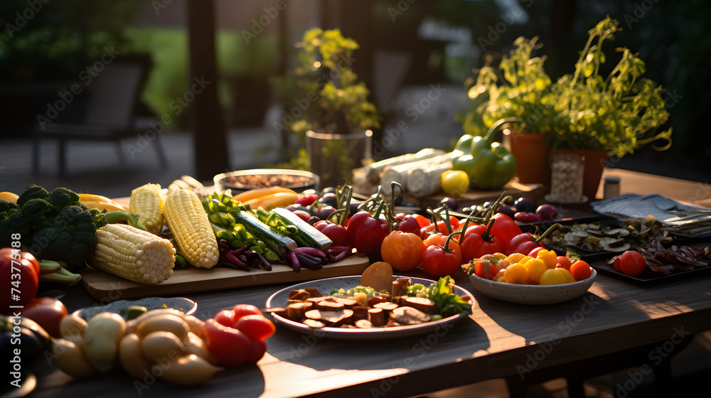 table outdoor with food with plates of vegetables and other food table outdoor with food with plates of vegetables and other food
