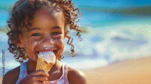 Cropped of Adorable little african american girl eating ice cream at summer beach