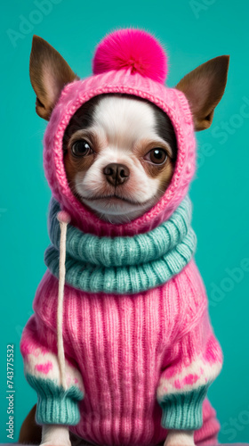 Small dog wearing pink and blue striped sweater with white nose. © valentyn640