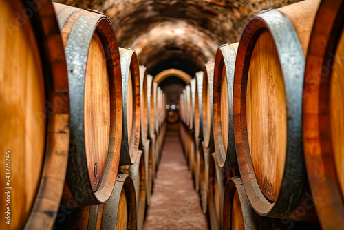 Barrels of wine are lined up in tunnel with some barrels appearing to have red or brownish tint.