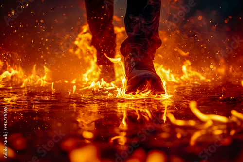 Person is walking on fire with their feet surrounded by yellow flames.