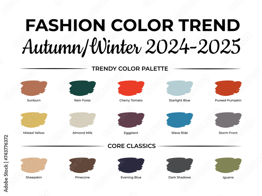Fashion Color Trend Autumn - Winter 2024 - 2025. Trendy colors palette guide. Fabric swatches with color names. Vector template for your creative designs.