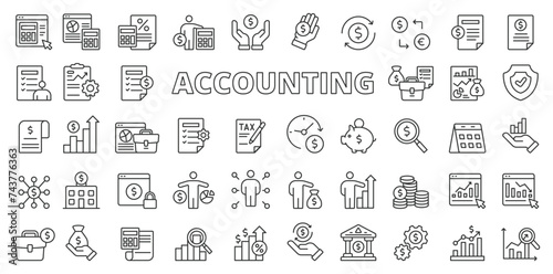 Accounting icons in line design. Accounting, analytics, finance, business, money, financial, audit, tax, budget, capital isolated on white background vector. Accounting editable stroke icons.