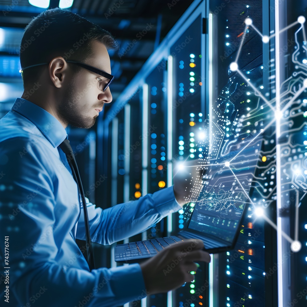 Side view of young man in shirt and eyeglasses working with virtual interface while standing in server room Side view of young man in shirt and eyeglasses working with virtual interface while standing in server room